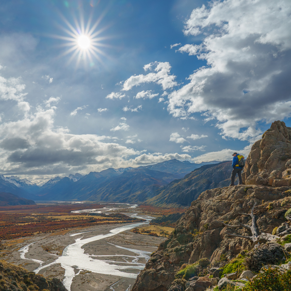 Kevin Mullett overlooking a valley in Patagonia.